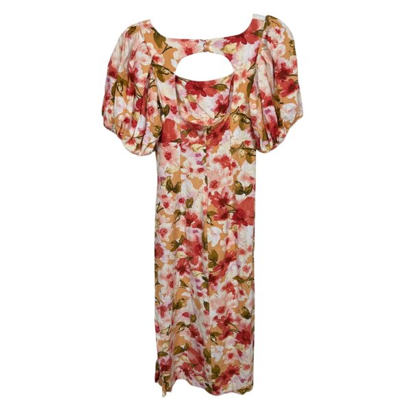 Moon River Linen Blend Midi Dress Small Orange Multicolor Floral Puff Sleeve - Picture 3 of 10